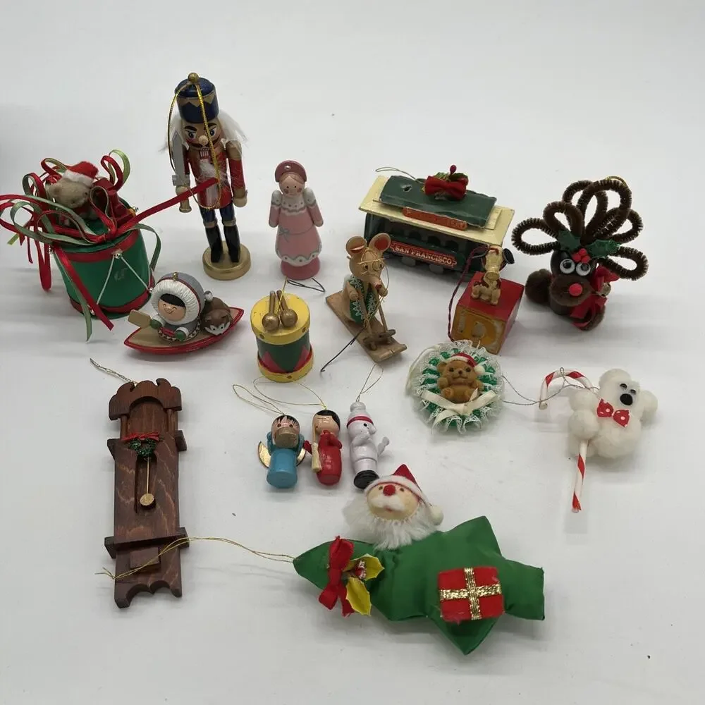Vintage Lot Of 16 Christmas Ornaments Wooden Flocked Assorted MCM Nutcracker